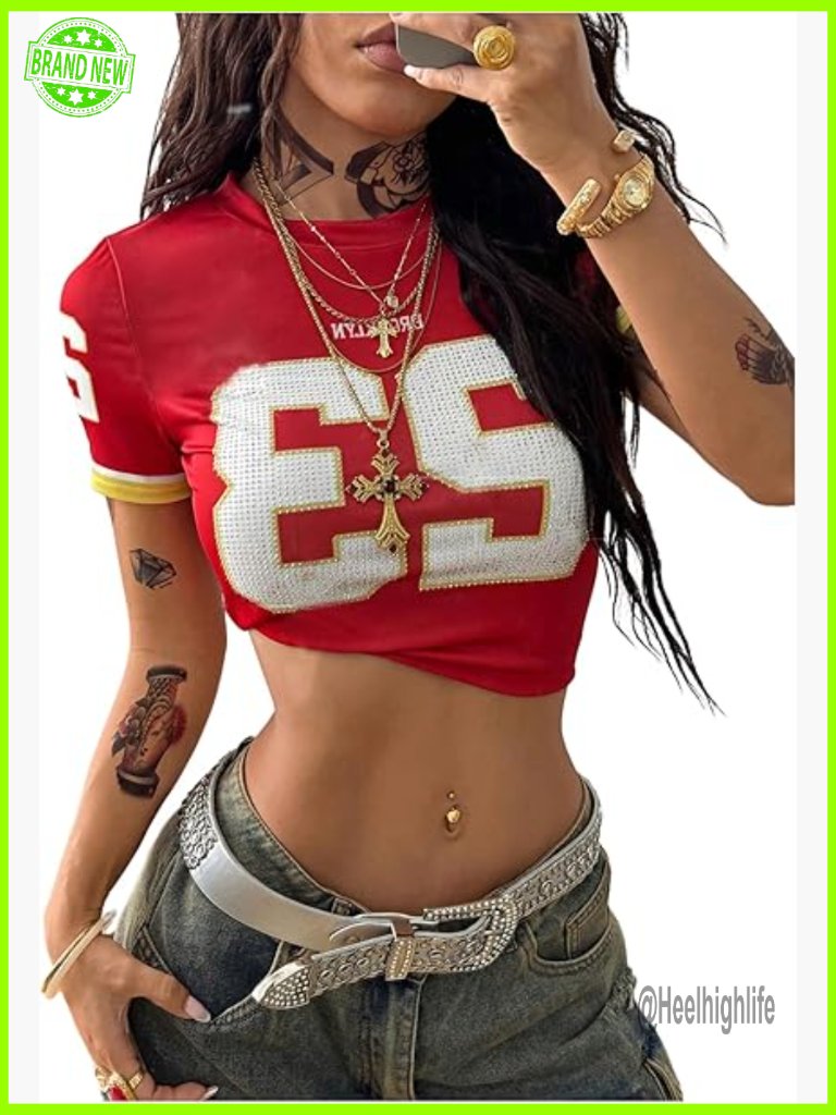 Rhinestone Number Crop Top Short Sleeve Slim Fit Y2k Streetwear